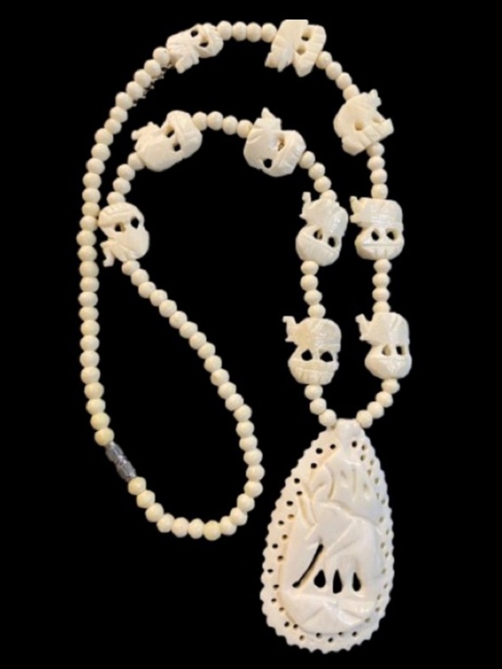 Vintage Carved Bone Pendant Off White Beaded Necklace Elephant Design Good Luck